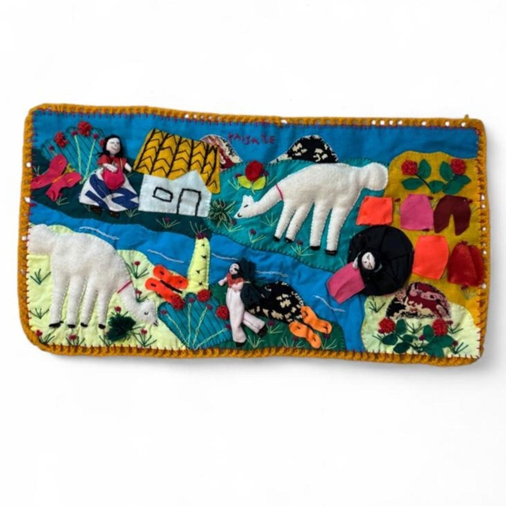 handmade Peruvian arpillera, a traditional 3D textile folk art wall hanging